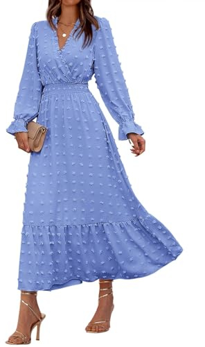 Maxi Long Sleeve Flowy Dresses Casual Beach Dress Women Summer Fashion Loose V Neck Solid Color Dresses