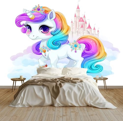 Générique Papier Peint Panoramique Style Simple Papier Peint Intissé 200 x 140 cm, pour Mur Salon Cuisine Bain Couloir Salle à Mange Licorne De Dessin Animé Nuages