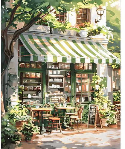 Camocin Art Peinture par numéros pour adultes Café de rue, Café de rue Peinture par numéros pour adultes sur toile Set, DIY Café Paint by Numbers pour décoration de maison, Sans cadre 40x50cm