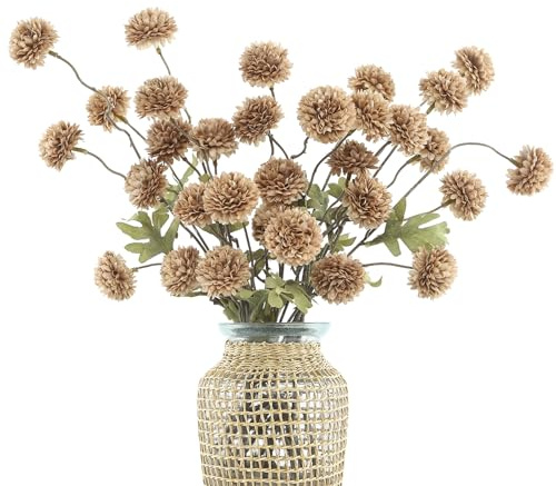DuHouse 6pcs Artificial Pompon Mum Flowers with Stems, Faux Silk Mini Chrysanthemum Ball for Home Decoration, Bouquets, Table Centrepieces, DIY Floral Crafts(Coffee)