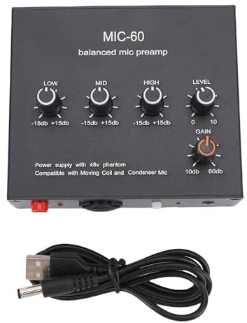 Préampli de microphone CheoTime avec sortie d'entrée de 3,5 mm 6,35 mm xlr, interface audio de gain 60 dB et alimentation phantomée 48V pour le micro dynamique du condenseur