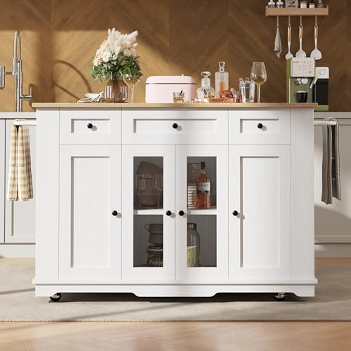 YuQozii Isla De Cocina, Divisores Extraíbles, Armario De Cocina, Carrito De Comedor Con Encimera, Buffet Con Vetas De Madera, Armario De Vidrio Templado