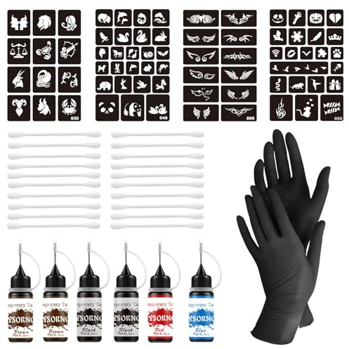 CHAOTEMAI Henne Tatouage Temporaire Kit 6 Flacons Encre Tatouage Imperméable + 1 Paire Gants + 71 Pochoir + 20 Cotons-Tiges Henna Tattoo pour DIY Halloween Mariages Anniversaires Cosplay