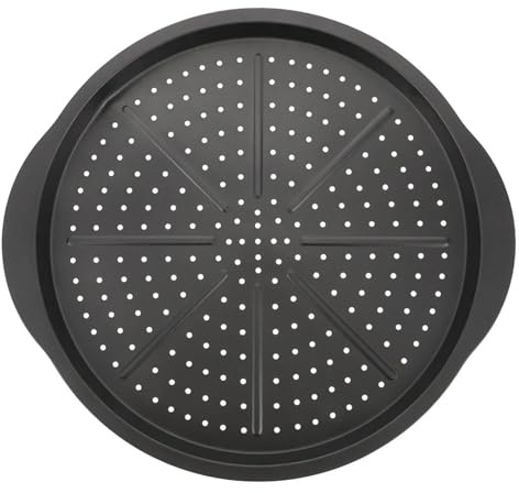 ZWTPGKRD Teglia per pizza perforata rotonda da 15 pollici in acciaio al carbonio rivestimento antiaderente uniforme distribuzione del calore forno foglio di cottura con manico teglia per pizza sicura