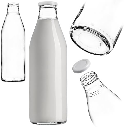 KADAX Botellas de leche de 1 litro con tapa, botellas de cristal de 1 litro con tapón de rosca, botellas vacías para llenar con leche, botella de boca ancha (1 unidad)