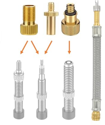Manovella Valve Adapter Set Bicycle AV DV SV - 3 Adapters + Metal Valve Extension for Schrader Car Valve Dunlop Flash Valve, Sclaverand Presta - With Sealing Ring - Universal Pump & Compressor