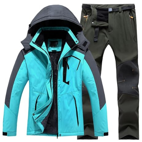 Tuta da sci da uomo, set da 2 pezzi, tuta da neve da uomo, in due pezzi, calda e spessa, giacca da sci invernale e pantaloni da lavoro, in pile, con cappuccio, vestibilità regolare, Verde menta, 6XL