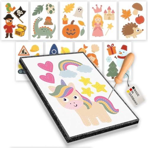 Children's pricking needle set with 10 templates - pricking set for children - 1 x pricking needle with wooden handle and 1 x tingling felt (20 cm x 15 cm x 1 cm) - ergonomic and safe - ideal for