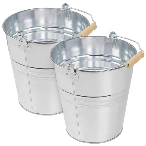 12L Metal Bucket (Pack of 2) | Strong Heavy Duty Galvanized Rust Resistant Steel Bucket with Wooden Handle for Cleaning Garden Storage, Hot Ash, Garden Waste, Drink Cooler Buckets for Multipurpose Use