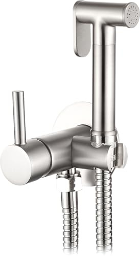 Grifo Bidet Empotrado para WC AQG Taus - Kit Mezclador Monomando Agua Fría y Caliente - Ducha Higiénica con Ducheta Pulsante de Cierre y Flexo Reforzado 1,20 m - Latón Estampado PVD (Níquel Satinado)
