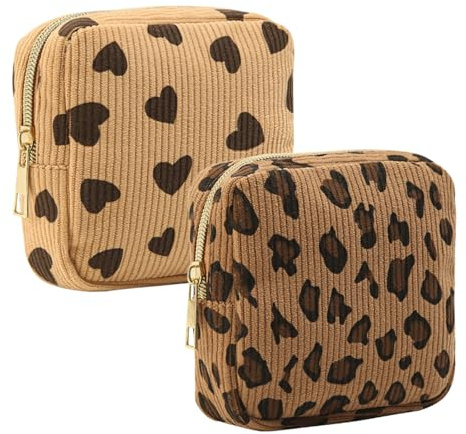 2 bolsas de almacenamiento para tampones, pequeñas bolsas para artículos de higiene, mini neceser con cremallera, estampado de leopardo y corazón, bolsa de maquillaje, bolsa de aseo para niñas