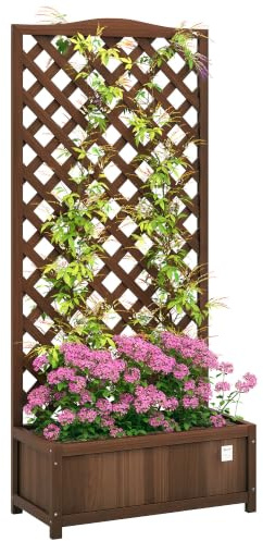 Outsunny Jardinière avec Treillis sur Pied 76L x 36l x 170H cm Marron Foncé | Bac à Fleurs, Fond à Lattes, Bois Sapin pré-huilé, Extérieur, Grande Taille