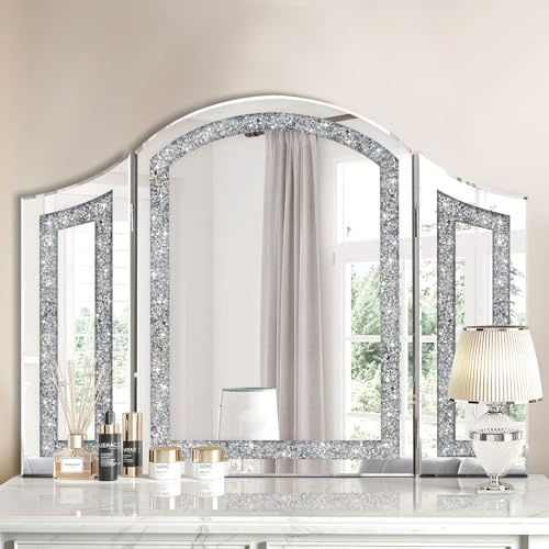 Jesantab Modern Trifold Mirror, 80x60cm Crushed Diamond Vanity Mirror for Bedroom, Bathroom, Luxury Mirrors for Wall Decor Entryway Fireplace Mantel
