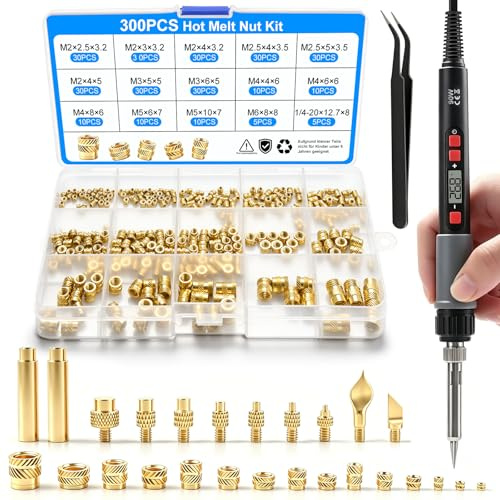 310 Stk Gewindeeinsätze Lötspitzen Set, LCD Einstellbarer Temperatur Lötkolben mit 7 stk Lötspitzen & 2 Adapter & 2 Brennstift & Pinzette, 300 Stk M2 M2.5 M3 M4 M5 M6 M8 3d Druck Gewindeeinsätze