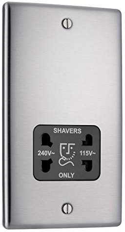 BG Electrical 115-and 240-V Dual Voltage Shaver Socket, Brushed Steel with Black Insert
