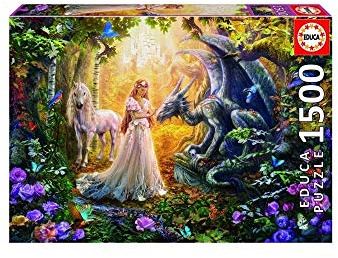Educa 17696, Magische Lichtung, 1500 Teile Puzzle für Erwachsene und Kinder ab 12 Jahren, Einhorn, Drache, Prinzessin, Fantasy