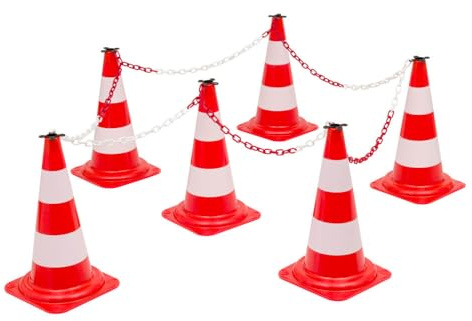 TMS PRO SHOP Leitkegel-Set Tag, 6 Pylonen, 10 m Kette, r/w, 50 cm aus Kunststoff, Art.-Nr. 64051 | Leitkegel | Pylone | Markierungskegel