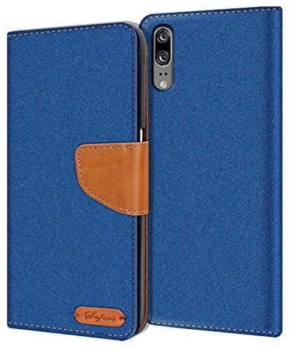Verco Coque pour P20, Étui Portefeuille Compatible avec Huawei P20 Case Textures de Fibre Housse de Protection, Bleu