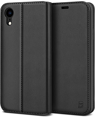 BEZ Handyhülle für iPhone XR, Premium Tasche Kompatibel für iPhone XR Hülle, Schutzhüllen aus Klappetui mit Kreditkartenhaltern, Ständer, Magnetverschluss, Schwarz
