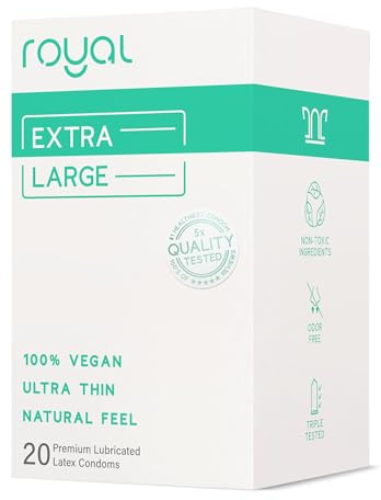 Royal Extra Large Ultra Thin Vegan Condoms - Premium Lubricated Condom Pack - Unflavored Lubricant, Organic Latex Rubber - Odorless, Slim, Natural Feel - Safe & Durable Male Contraceptives - 20 Count