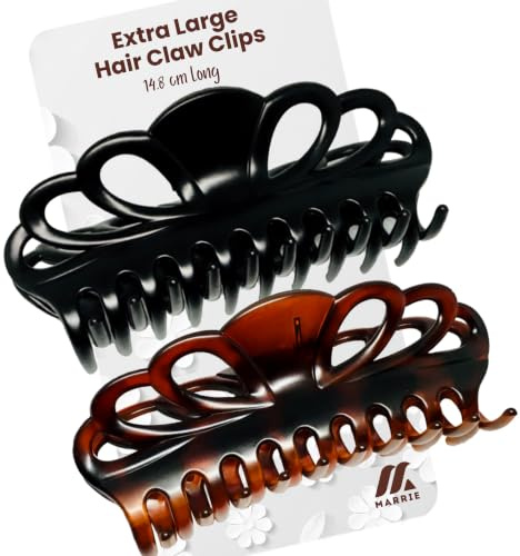 Marrie Extra Large Hair Claw Clips for Women Thick Long Curly Hair Nonslip Jumbo Strong Big Hold Jaws Clip Clamp Grip French Hair Styling Accessories 5.8 Inches long (Black & Brown)