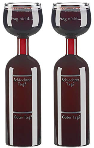 Rosenstein & Söhne Wein-Flasche: 2er-Set 2in1-Weinflaschen & XXL-Gläser, Echtglas, mit Aufdruck, 750 ml (Trinkflasche Glas, Weinflaschengläser)