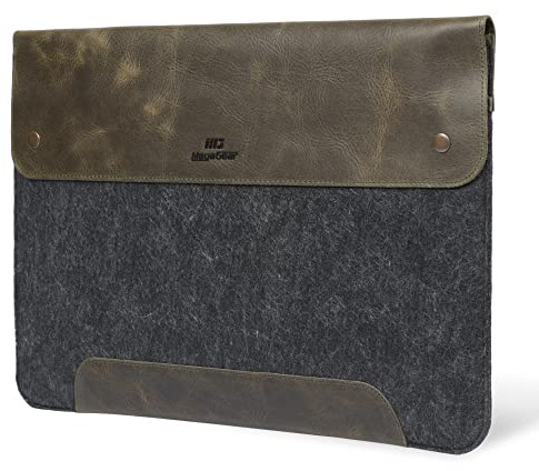 MegaGear MacBook Tasche aus echtem Leder & Fleece, Hülle für MacBook Pro 16 (M5, M4, M3, M2, M1) & MacBook Air 15.3 (M5, M3, M2) - (Olivegrün) 15-16 Zoll, 2020-2026