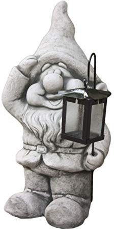 Steinfiguren Horn Gartenzwerg aus Steinguss mit Laterne