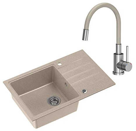 VBChome Spüle mit Armatur 78 x 50 cm Tiefes Becken 20cm Beige Küche Große Abtropfflache Einbauspüle Unterschränke ab 55 cm Verbundspüle Küchenspüle Einzelbecken + Siphon Flexibel Wasserhahn