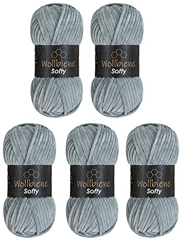Wollbiene Softy 5 x 100 Gramm chenille wolle zum häkeln Strickwolle, Babywolle, 500 Gramm Chenille Wolle Super Bulky crochet yarn (grau 79)