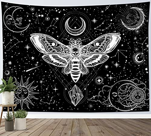 LB Trippy Motte Wandteppich Konstellation im Universum Wandtuch Sonne und Mond Wandbehang Schwarz und Weiß Tapisserie für Wohnzimmer Schlafzimmer Wohnheim Wanddeko,150x130cm