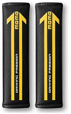 MOMO - Set de 2 Almohadillas para Cinturón de Coche, Universales, Acolchadas y Deportivas, Microsuede Lavable con Velcro, Color Negro Mate/Amarillo