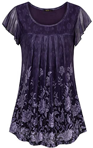Vafoly Blusen Damen Elegant Festlich Kurzarm Business Casual Blusen für Frauen Formal Work Tunika Doppellagig Mesh Comfy Plissee Front Shirt Layered Bluse Floral Top für Sommer Dunkelviolett XL