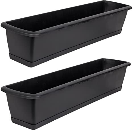 BigDean 2er Set Blumenkasten mit Untersetzer 60 cm lang anthrazit - aus PP-Kunststoff - Balkon Pflanzkasten schmal Balkonkasten