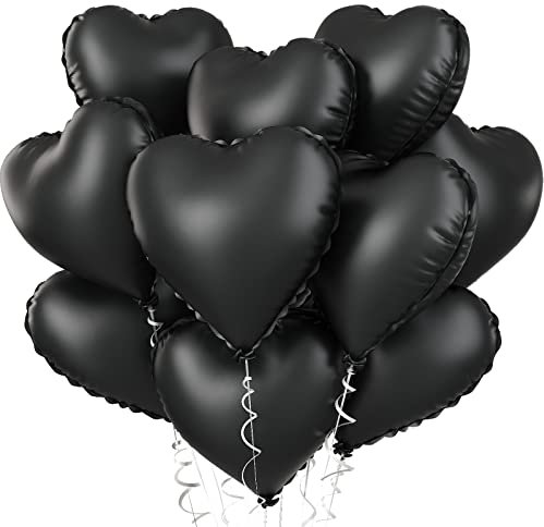 Foil Heart Balloons Black, 10PCS Black Heart Shape Balloon Valentines Balloons, 18inch Metallic Foil Balloon for Helium Birthday Decorations for Valentines Day, Wedding, Brithday, Halloween Party