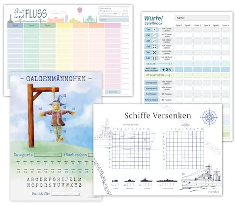 PICTALOO Reisespiel Spielblock Set, Spieleblöcke zum Ausfüllen für die ganze Familie, Block DIN A5 mit je 50 Seiten, Würfelspiel, Stadt Land Fluss, Schiffe Versenken, Galgenmännchen, Familienspiele