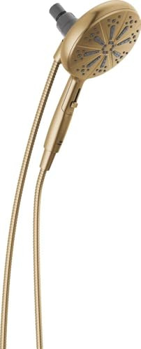 Delta Faucet SureDock - Cabezal de ducha magnético de 6 pulverizaciones con rociador de mano, cabezal de ducha dorado con manguera, cabezales de ducha y duchas de mano, regadera de mano, bronce
