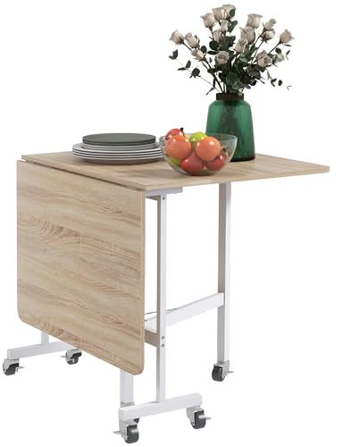 HOMCOM Tavolo da Pranzo Pieghevole, Tavolo Cucina a Ribalta con Ruote a Freno per 4-6 Persone, Scrivania Richiudibile con Struttura in Acciaio, per Soggiorno, 120x80x73 cm, Rovere e Bianco