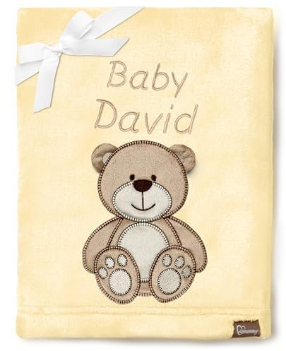 Be Mammy Personalisierte Babydecke mit 3D Applikation Warme Kuscheldecke mit Namen und Geburtsdatum; Perfektes Baby Geschenk; Blanket; Krabbeldecke BE20-280 (Gelb - Bär)