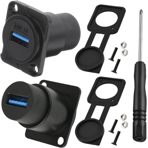 Xiatiaosann USB3.0 Panel Mount Socket, USB3.0 D-Type High Speed Female to Female Feed Thru Signal Coupler with Waterproof Cover, Screwdriver (2 Pack)