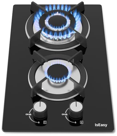 IsEasy Plaque Gaz 2 Feux Encastrable, Plaque de Cuisson Gaz 2 Feux Verre, Table Gazs 30cm, Gazs Bouteille et Ville, Avec buse NG/LPG