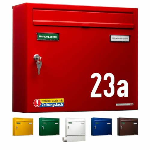 AL Briefkastensysteme Briefkasten mit Hausnummer rot RAL 3000 - Basic 1er Briefkasten mit Hausnummer wetterfest Din A4 - Postkasten mit Hausnummernschild personalisiert
