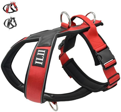 ILII Hundegeschirr mit Griff, Reflektierend, Gepolstert und Atmungsaktiv, Verstellbar, Anti Zug, Rot, Größe L