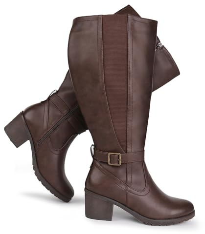 Chicblooms Botas altas hasta la rodilla con cremallera lateral y paneles elásticos de pantorrilla extra ancha para mujer, tacón de bloque, PU marrón, EU36