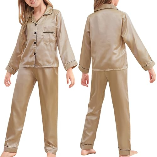 ACWOO Småbarn flicka satin siden pyjamas set pojke långärmad pyjamas med knappar i två delar, hem tvådelat set, sidenpyjamas, byxpyjamas, champagne (16 m), Champagne, 18 Yardas