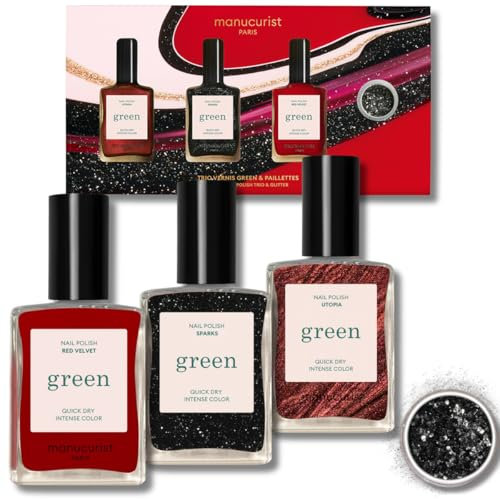 MANUCURIST Nagellack Geschenkset Weihnachten - 3 Glitzer Nagellacke mit biologisch Abbaubaren Glitzerpartikeln - Schwarz, Braun, Rot - Geschenke für Frauen - Weihnachtsgeschenke - Geschenk Freundin