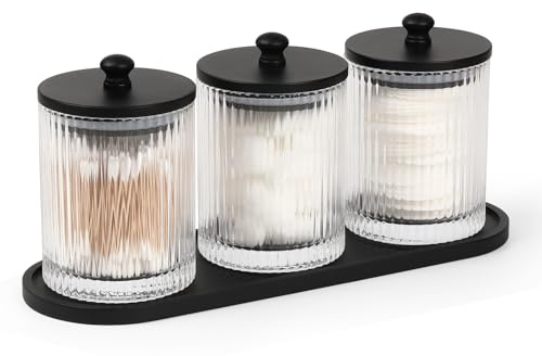 eggs sound 3 Pack Qtip Holder - Bathroom Organizers and Storage, Cotton Round Holder Floss Pick Cotton Ball Swab Holder with Tray, Glass Apothecary Jars with Lids Container Set -sw clear b