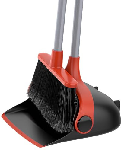 MR.SIGA Long Handled Dustpan and Brush Set, Upright Broom and Dustpan Set with Adjustable Handle, Tall Sweeping Brush with Comb Teeth for Floor Cleaning, Indoor, Outdoor, Home, Lobby, Black & Red