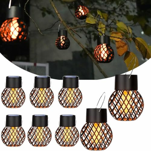 Hqynss Solar Hanging Light for Outdoors, 8 Pack Flickering Flame Solar Lanterns for Gardens, for Outdoor Decoration, Balcony, Party Decoration, courtyards, Fences, Yard, Tree