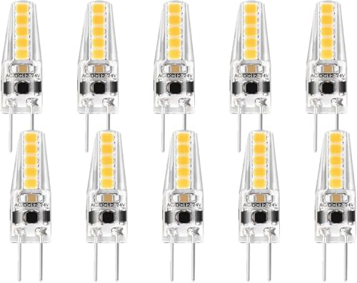Geminilite G4 LED Bulb 12V Dimmable 2W=20W Halogen Warm White 3000K T3 JC Type Bi-Pin G4 Base, Low Heat & Enery Saving G4 Light Bulbs for RV,Ceiling Fan LED pin Socket, 10 Pack
